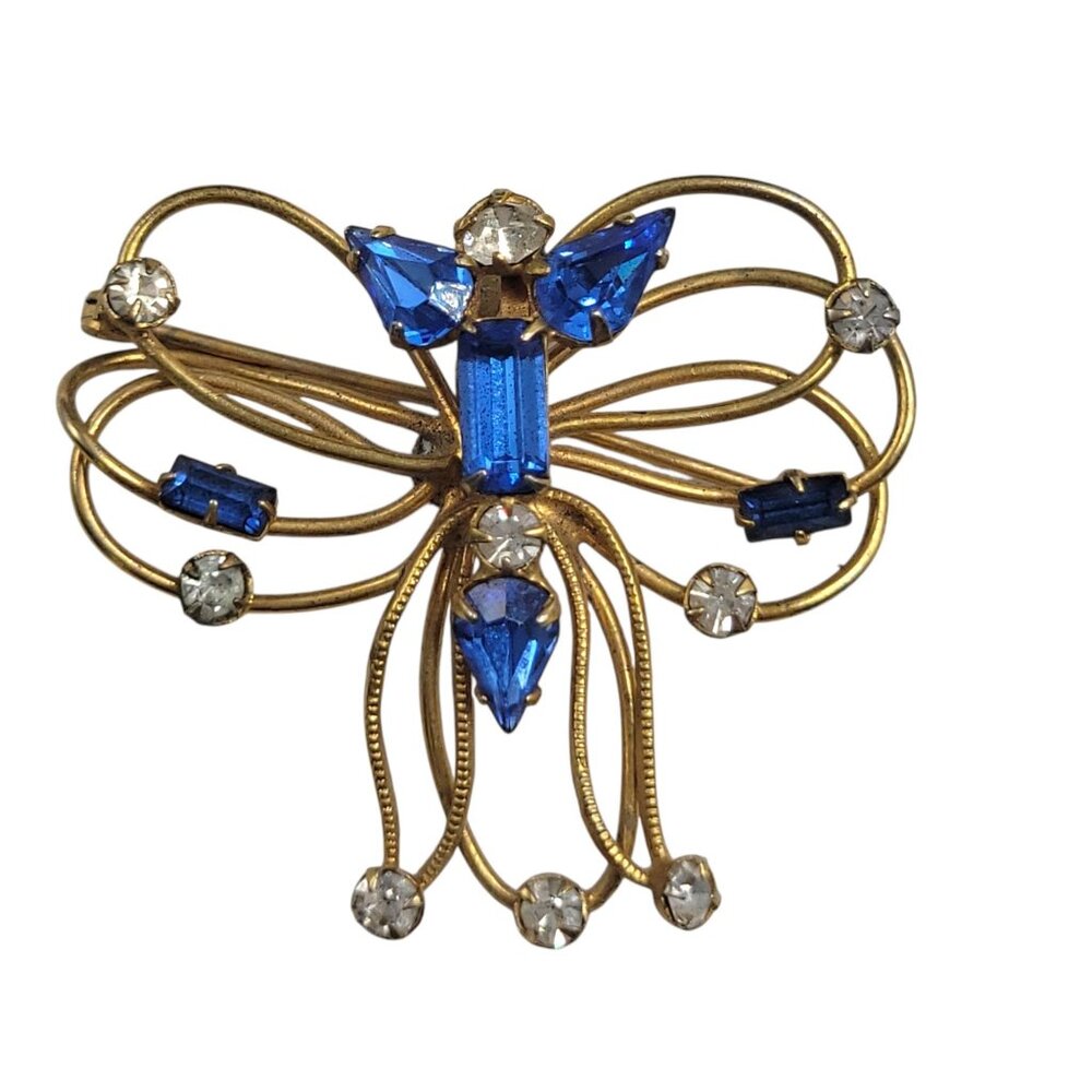 Vintage Gold Tone Blue Rhinestone Wire Butterfly Brooch Pin Classic Coquette